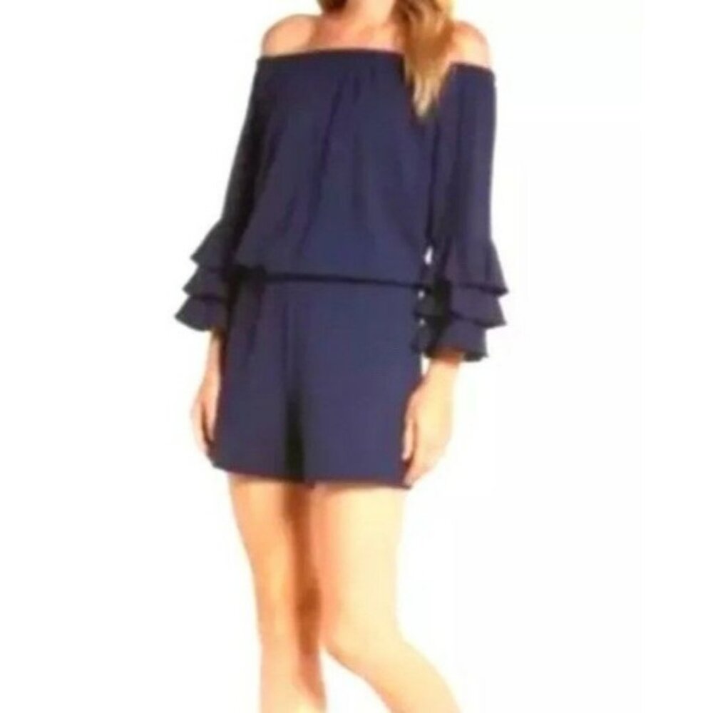 Lilly Pulitzer Calla Romper  Navy Blue Off the Shoulder Ruffle Sleeve Rayon XS